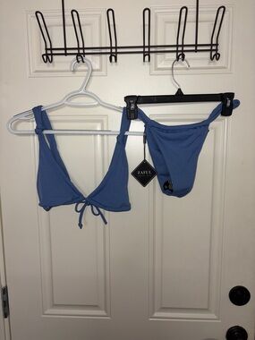 Zaful Dusty Blue Ribbed Tie Triangle Bikini Set